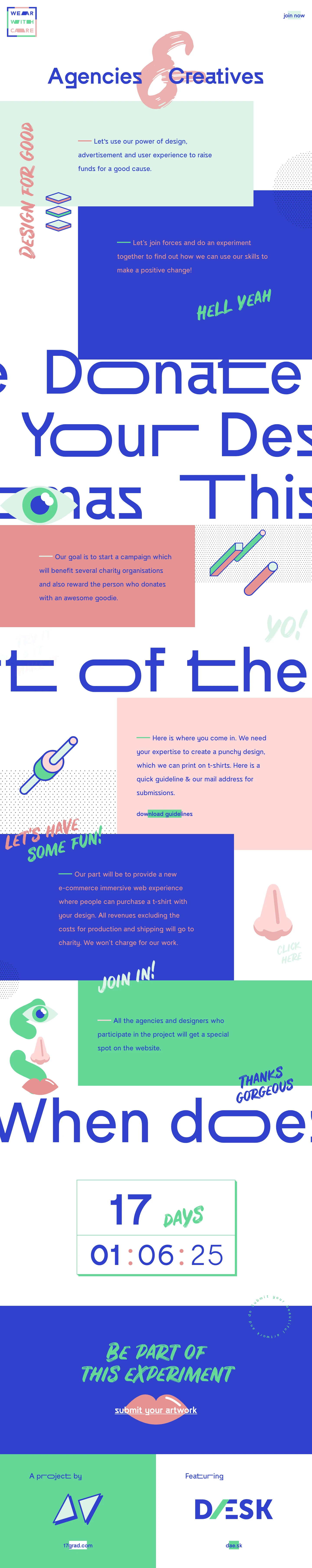 Wear With Care Landing Page Example: Wear With Care is about using creative power and technical know-how for a good cause.