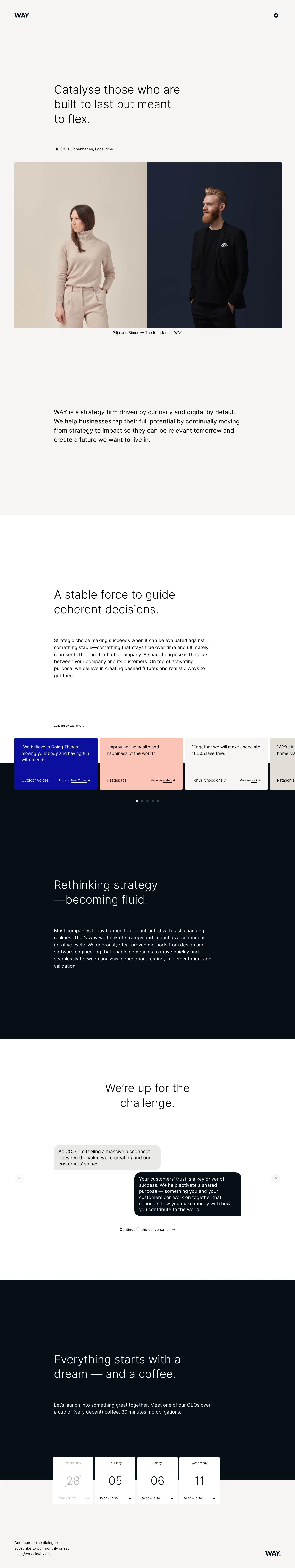 WAY Landing Page Example: We help businesses tap their full potential by continually moving from strategy to impact so they can be relevant tomorrow and create a future we want to live in.