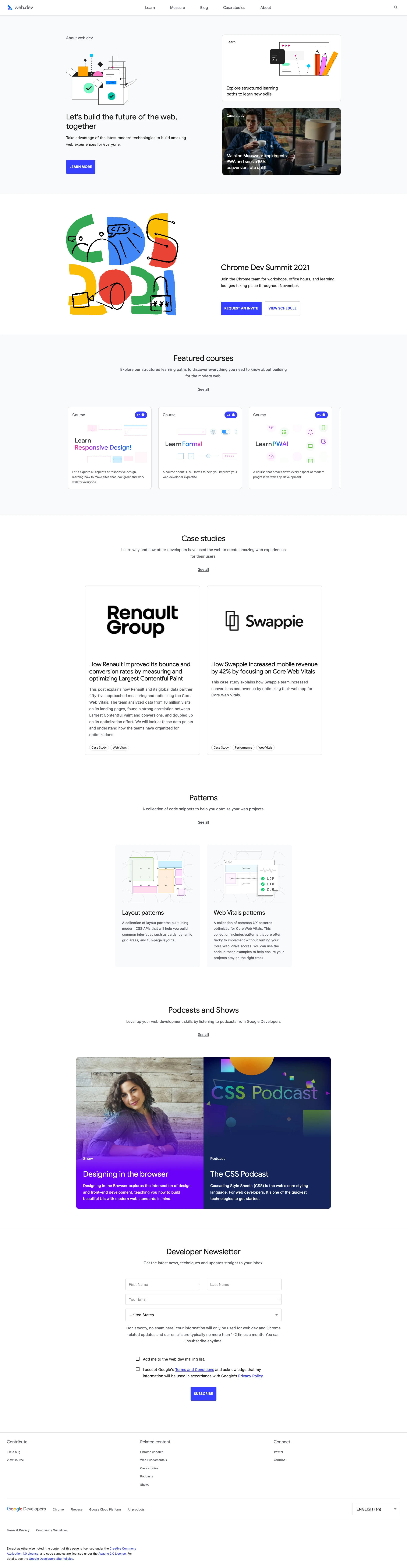 web.dev Landing Page Example: Let's build the future of the web, together. Take advantage of the latest modern technologies to build amazing web experiences for everyone.