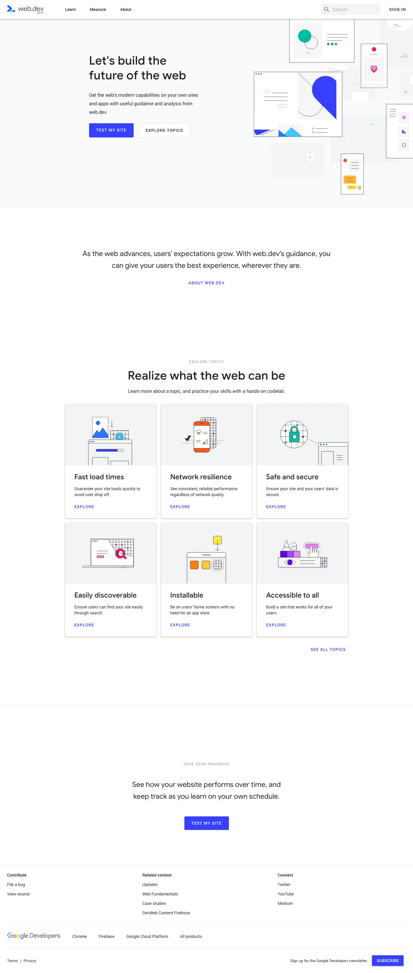 web.dev Landing Page Example: Let's build the future of the web. With actionable guidance and analysis, web.dev helps developers like you learn and apply the web's modern capabilities to your own sites and apps.