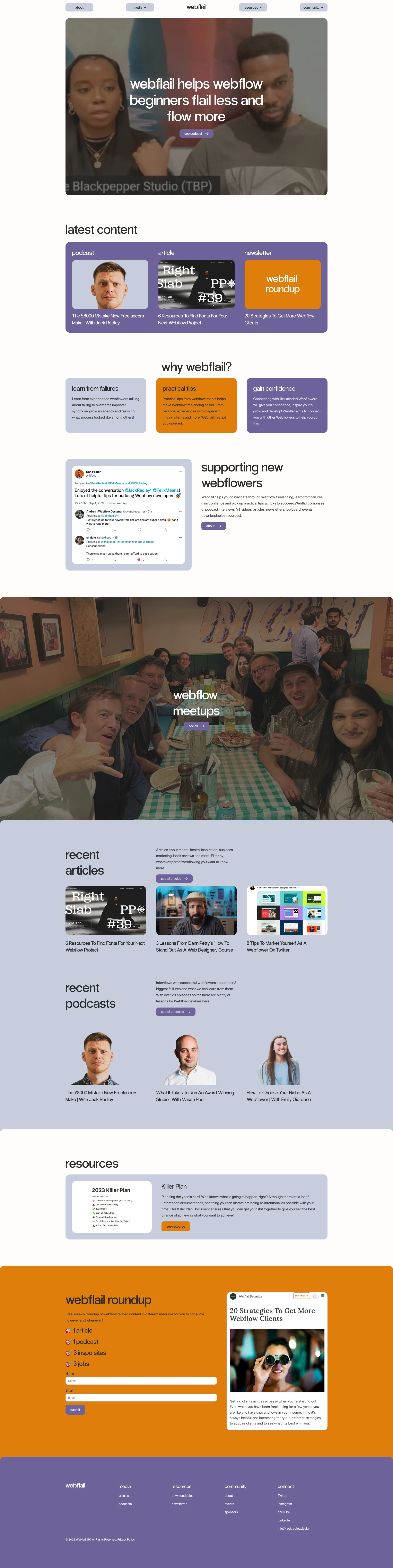Webflail Landing Page Example: Webflow resources for beginner Webflowers. Webflail helps you to freelance, learn from failures, gain confience and pick up practical tips & tricks to succeed.