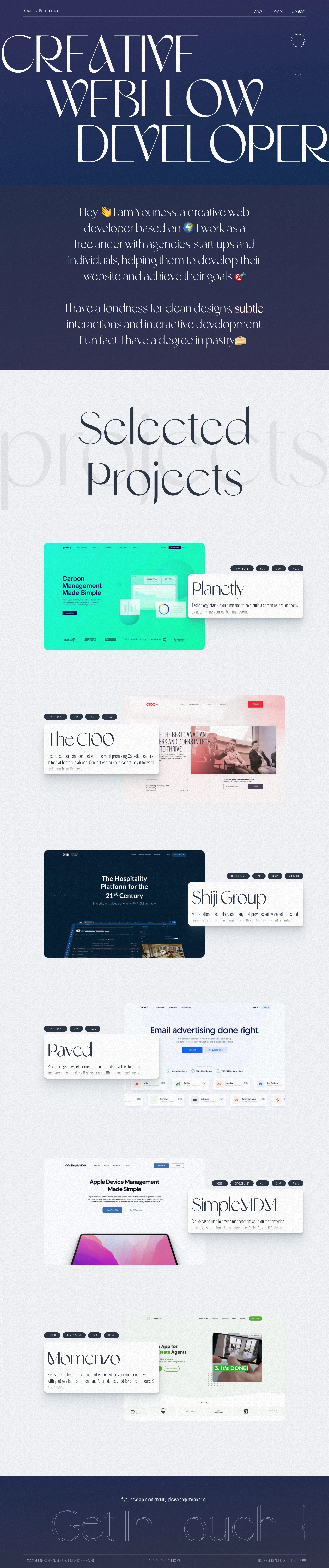 Youness Benammou Landing Page Example: Hey! I am Youness, a creative Webflow developer based in France and working worldwide. Available for Freelance.
