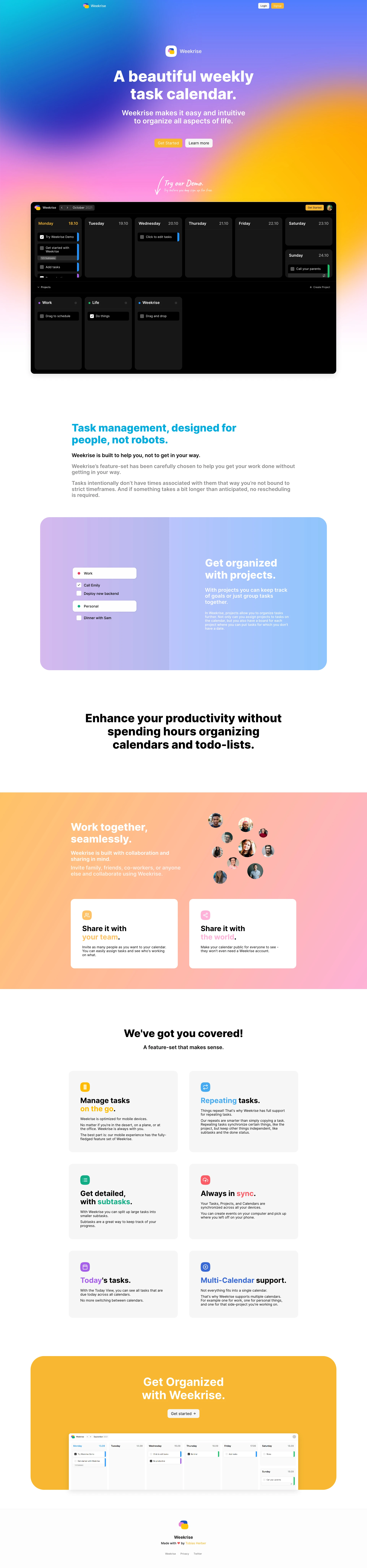 Weekrise Landing Page Example: A beautiful weekly task calendar. Weekrise makes it easy and intuitive to organize all aspects of life.