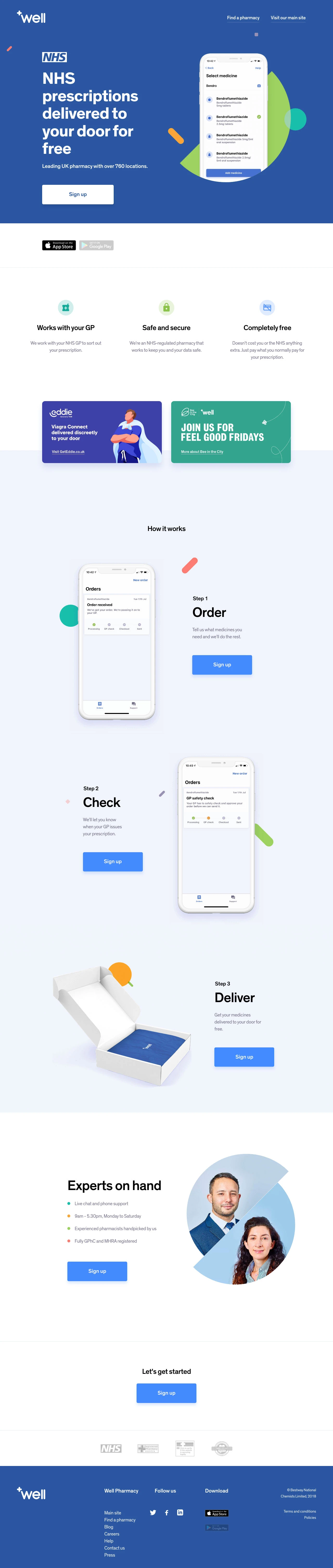 Well Pharmacy Landing Page Example: NHS prescriptions delivered to your door for free. Leading UK pharmacy with over 760 locations.