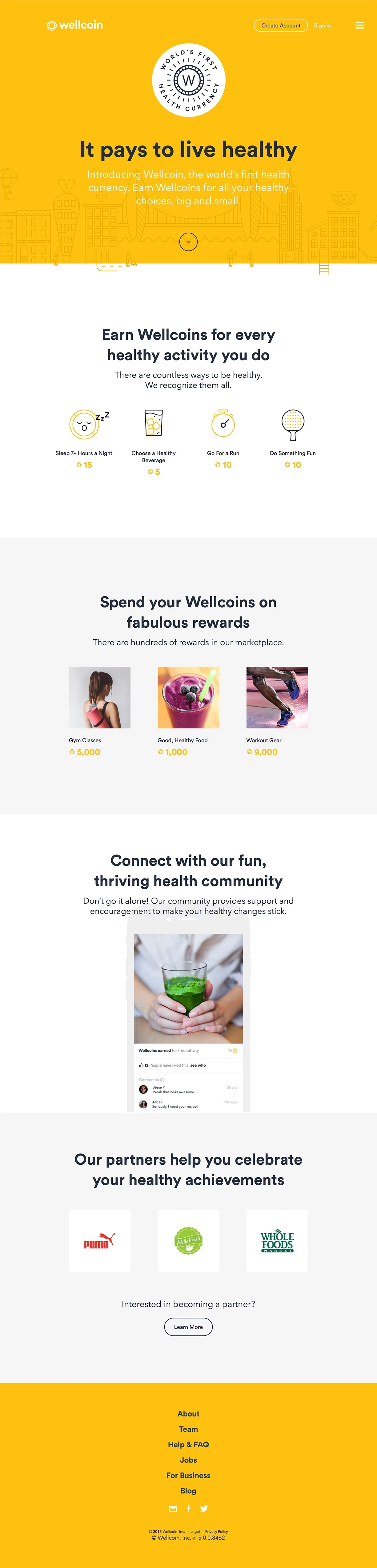 Wellcoin Landing Page Example: Wellcoin's mission is to help the world get healthier by increasing the frequency and diversity of healthy activities in our daily lives.