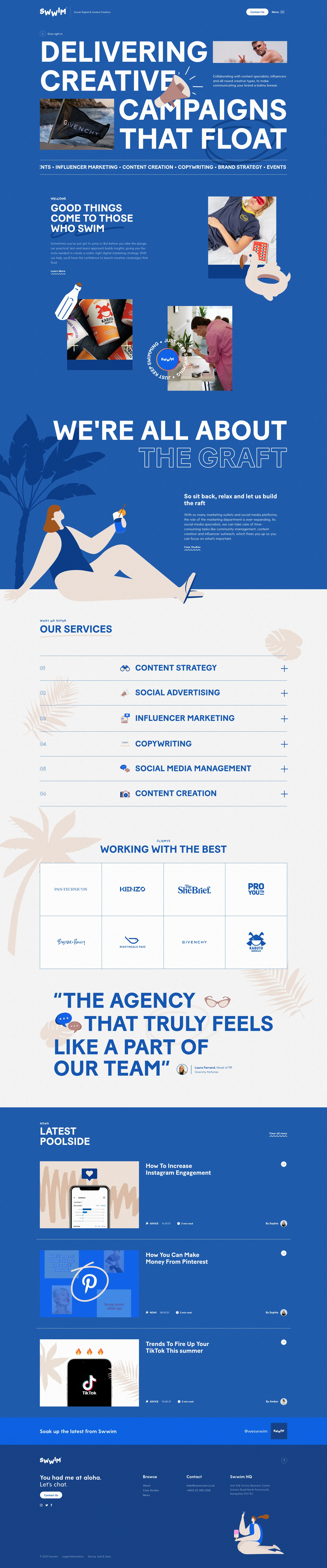 Swwim Landing Page Example: We're an independent social media and content agency. Our clients include consumer brands from start ups to household names.