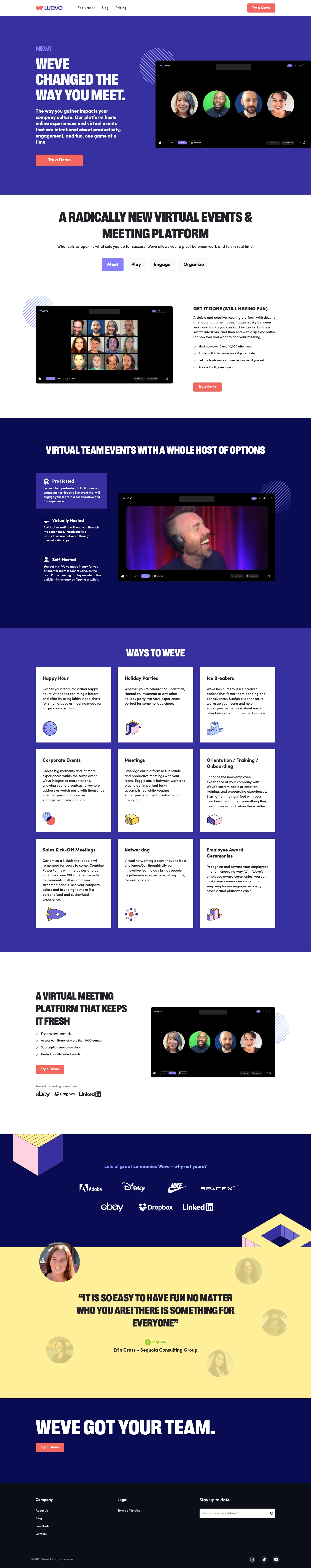 WEVE Landing Page Example: Weve changed the way you meet. The way you gather impacts your company culture. Our platform hosts online experiences and virtual events that are intentional about productivity, engagement, and fun, one game at a time.