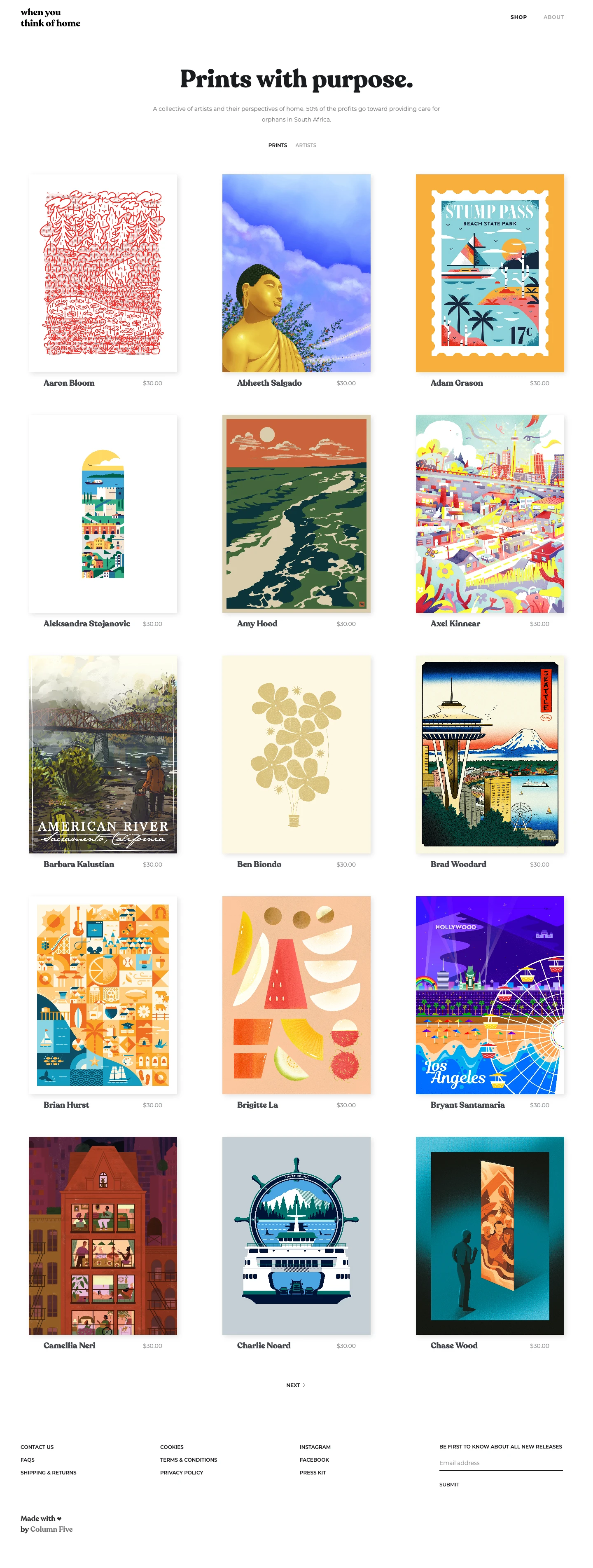 When You Think of Home Landing Page Example: Prints with purpose. A collective of artists and their perspectives of home. 50% of the profits go toward providing care for orphans in South Africa.