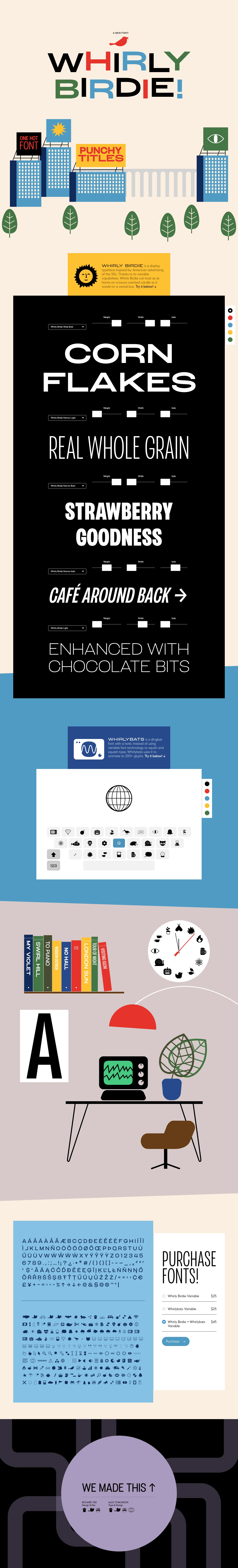 Whirly Birdie Landing Page Example: Whirly Birdie is a variable display typeface inspired by American advertising of the 50s.
