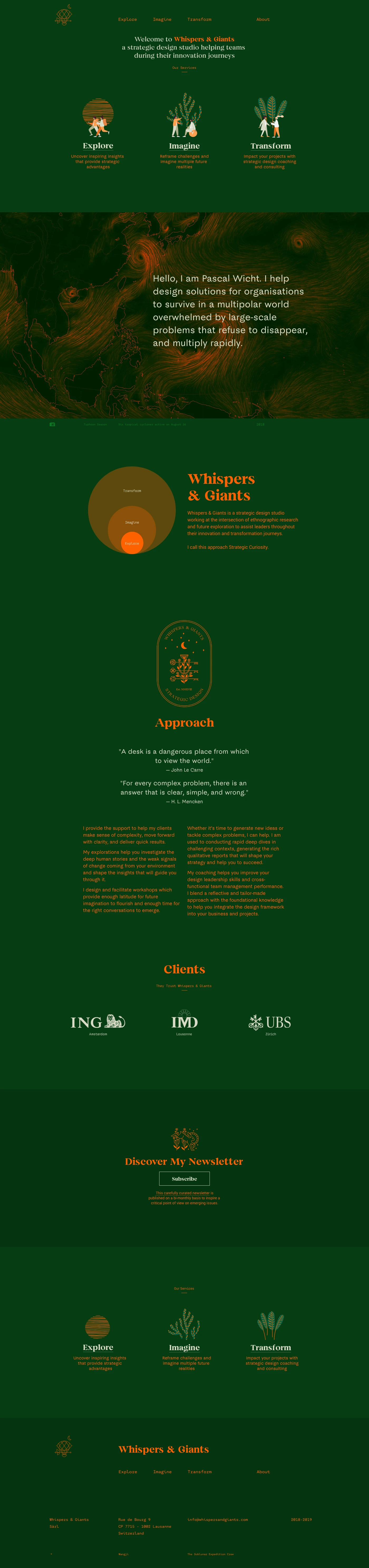 Whispers & Giants Landing Page Example: We are a strategic design studio working at the intersection of ethnographic research and future exploration to assist leaders throughout their innovation and transformation journeys. We call this approach Strategic Curiosity.