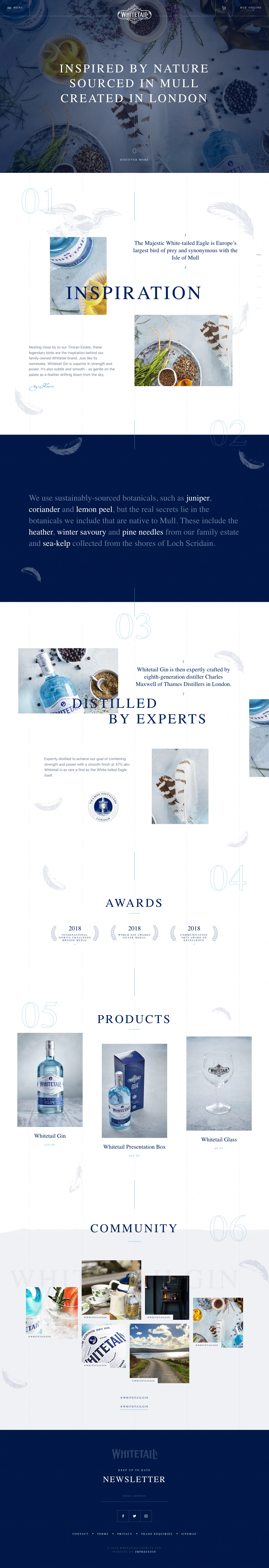 Whitetail Gin Landing Page Example: Inspired by Nature. Sourced in Mull. Created in London. The majestic white-tailed sea eagle is Europe's largest bird of prey synonymous with the Isle of Mull.