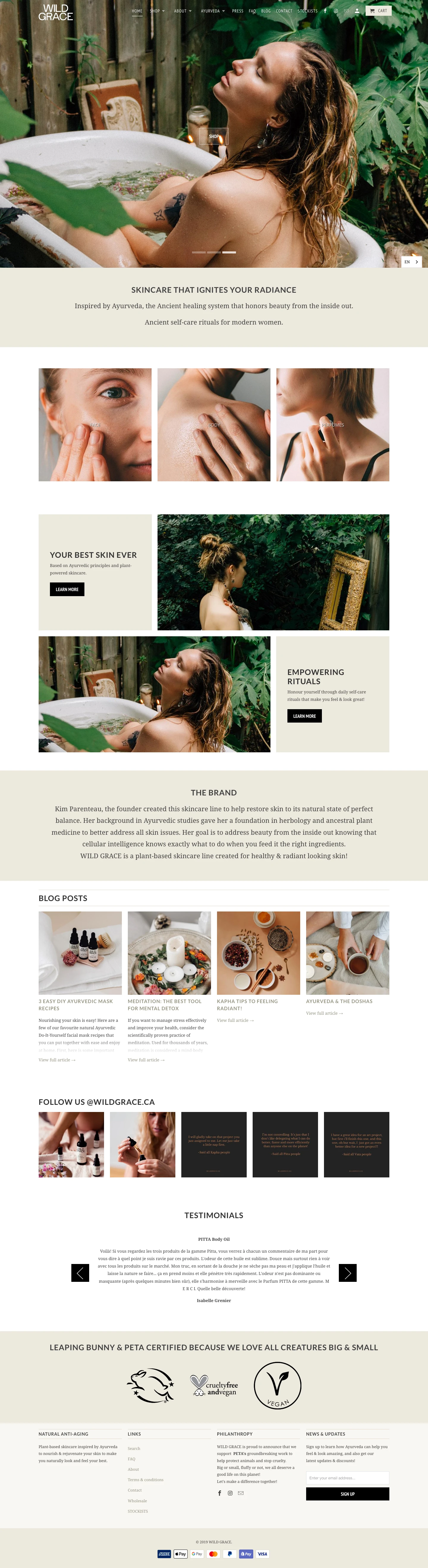 WILD GRACE Landing Page Example: Empowers women to reconnect with themselves through self-care rituals, mindfulness, and healthy lifestyle choices that realigns them to their authentic nature and gives them healthy and glowing skin. Handcrafted in Montreal, our botanical formulas bring balance to the body, mind, and spirit.