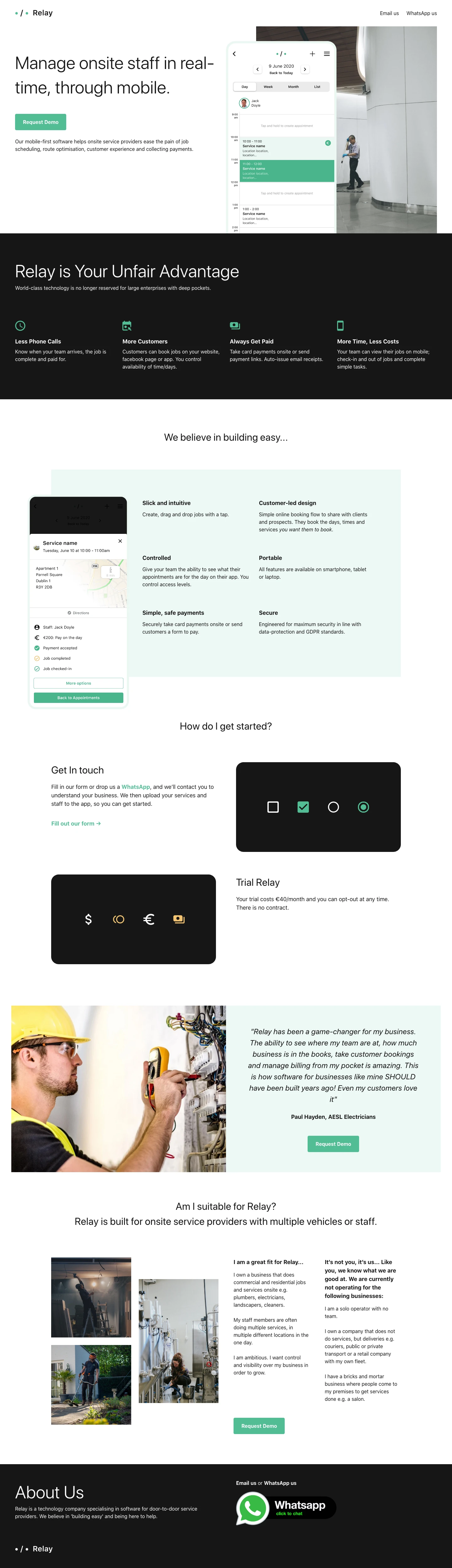 Win with Relay Landing Page Example: Know what's going on with your onsite staff, as it happens, on mobile.