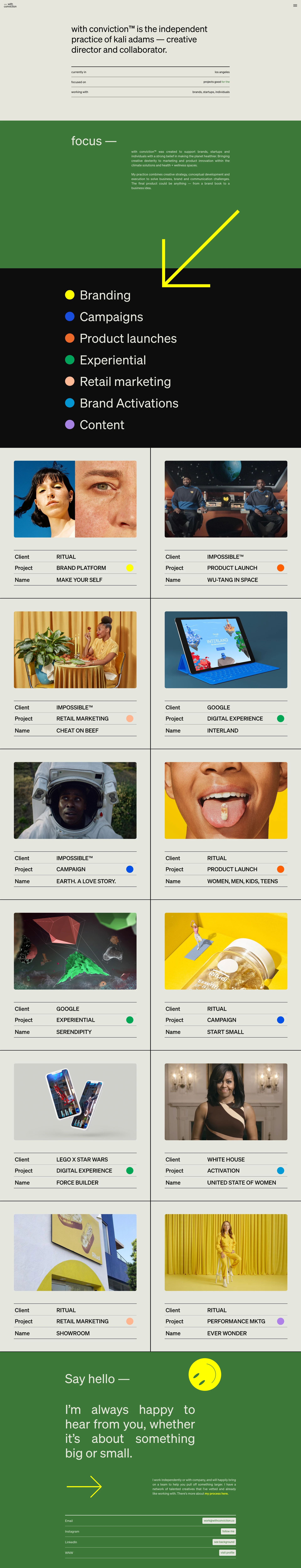 with conviction Landing Page Example: with conviction™ is the independent practice of kali adams — creative director and collaborator.