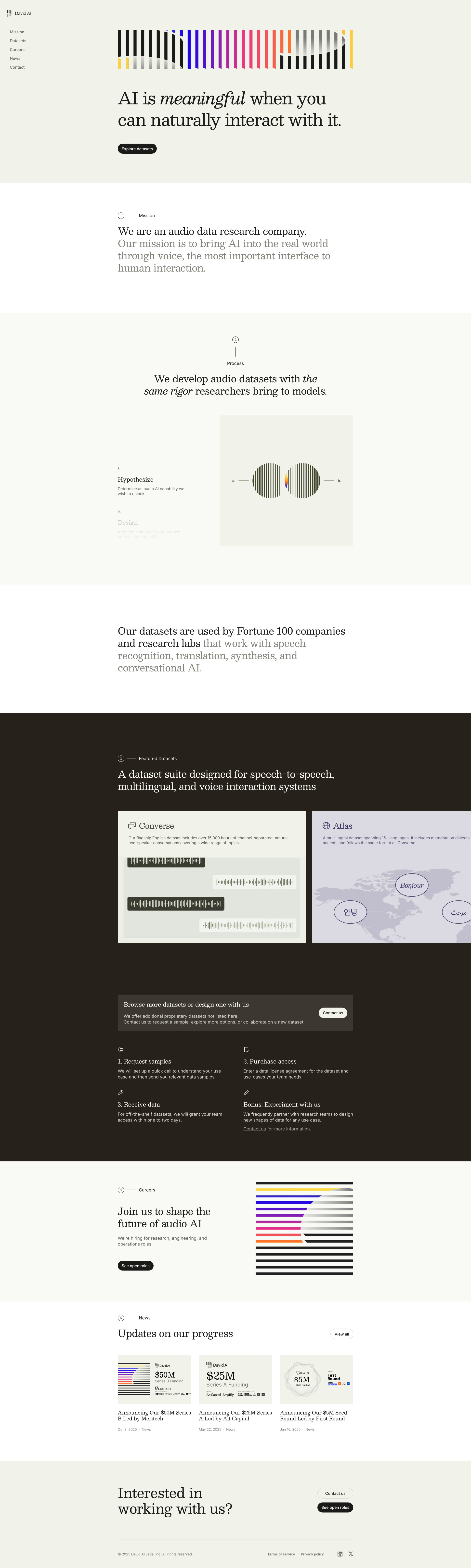 David AI Landing Page Example: David AI is an audio data research company - trusted by top AI labs to develop the proprietary audio datasets that power their models.
