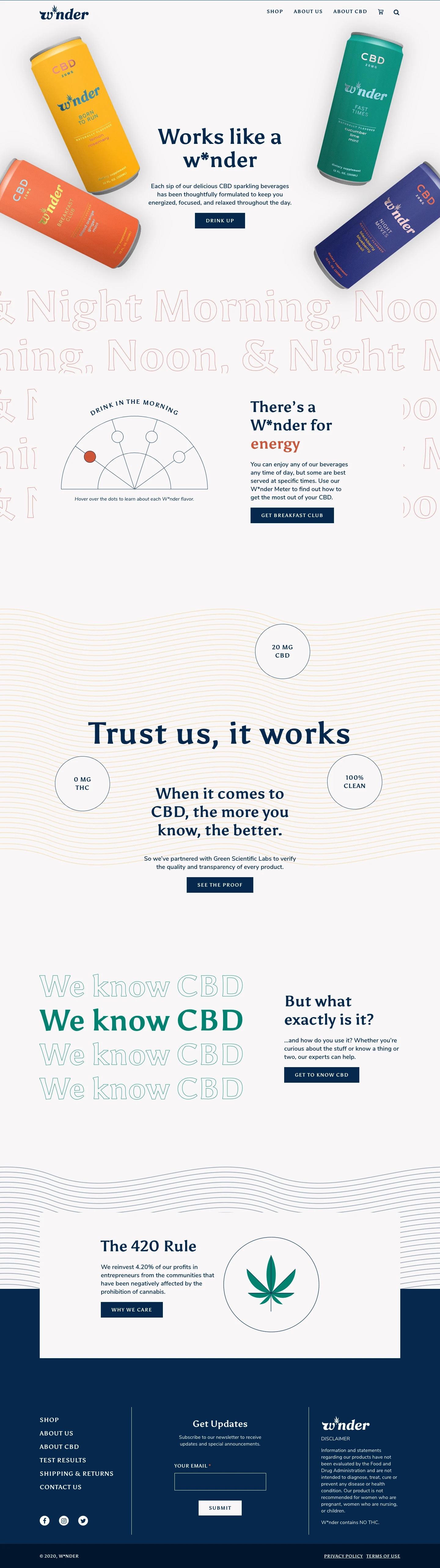 Wnder Landing Page Example: W*nder is a naturally-flavored sparkling beverage infused with four unique formulations of vitamins and 20mg CBD for energy, recovery, focus and relaxation.