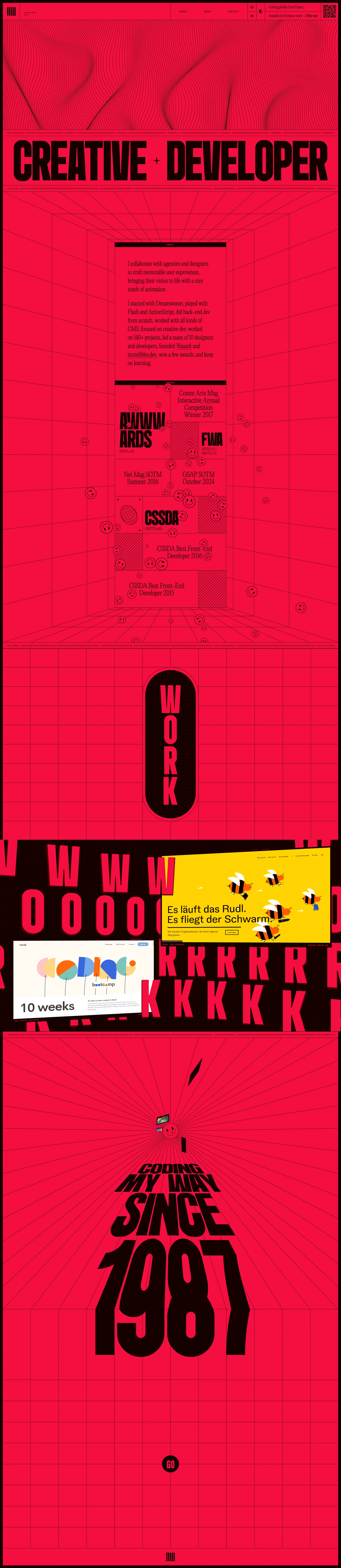 Wodniack Landing Page Example: Creative Developer with 15+ years and 140+ projects, specializing in animation-driven, high-impact websites. Partnering with designers to craft memorable UX.
