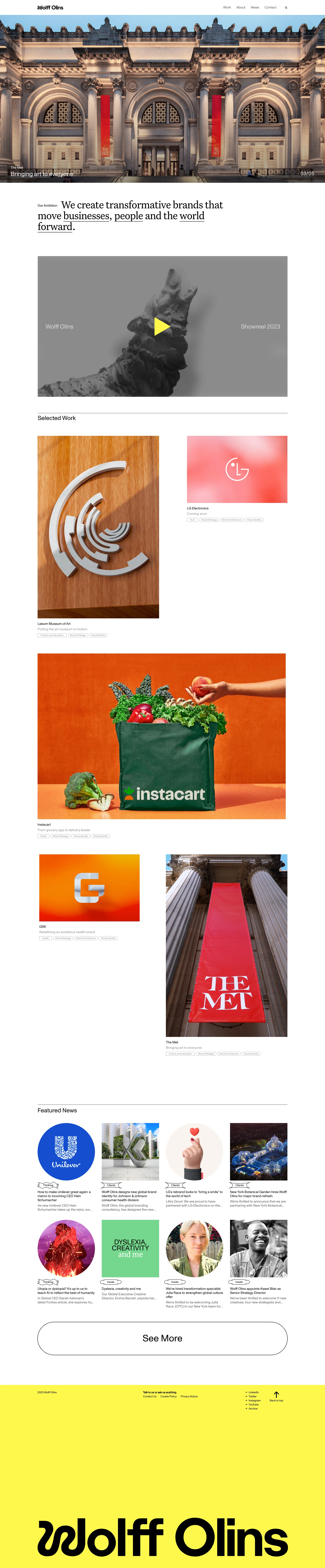 Wolff Olins Landing Page Example: We create transformative brands that move organisations, people and the world forward.