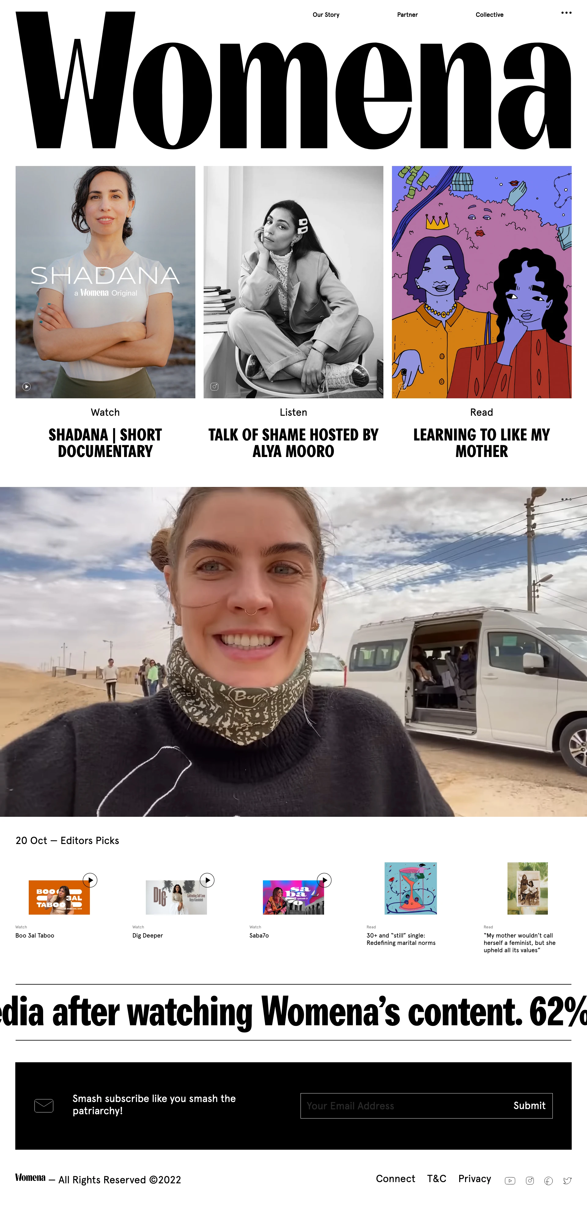 Womena Landing Page Example: Stories that inspire change. Womena is a feminist media company that creates inspiring and compelling women-focused content to build a lasting impact. From documentaries, to articles, podcasts, photography and more, we are taking back ownership of the narrative around our community.