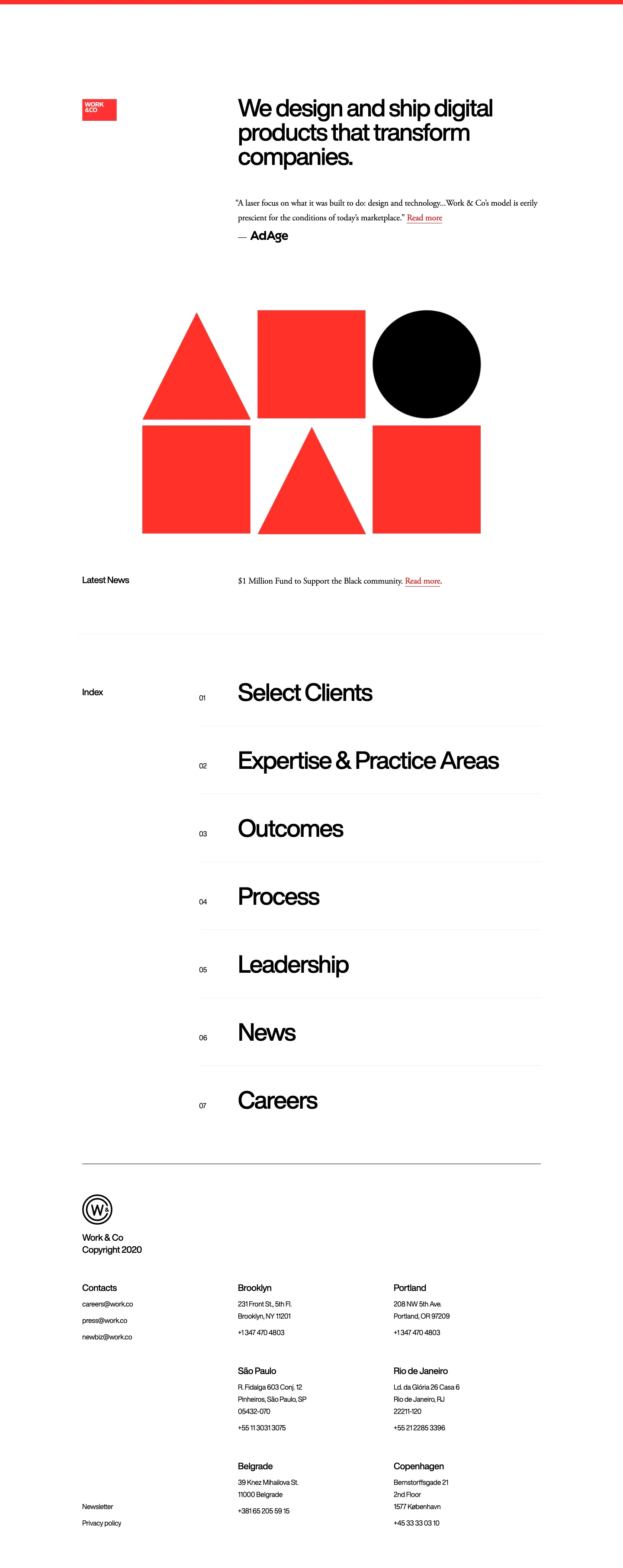 Work & Co Landing Page Example: We design and ship digital products that transform companies. Our websites, apps, and digital experiences are used by millions of people every day.