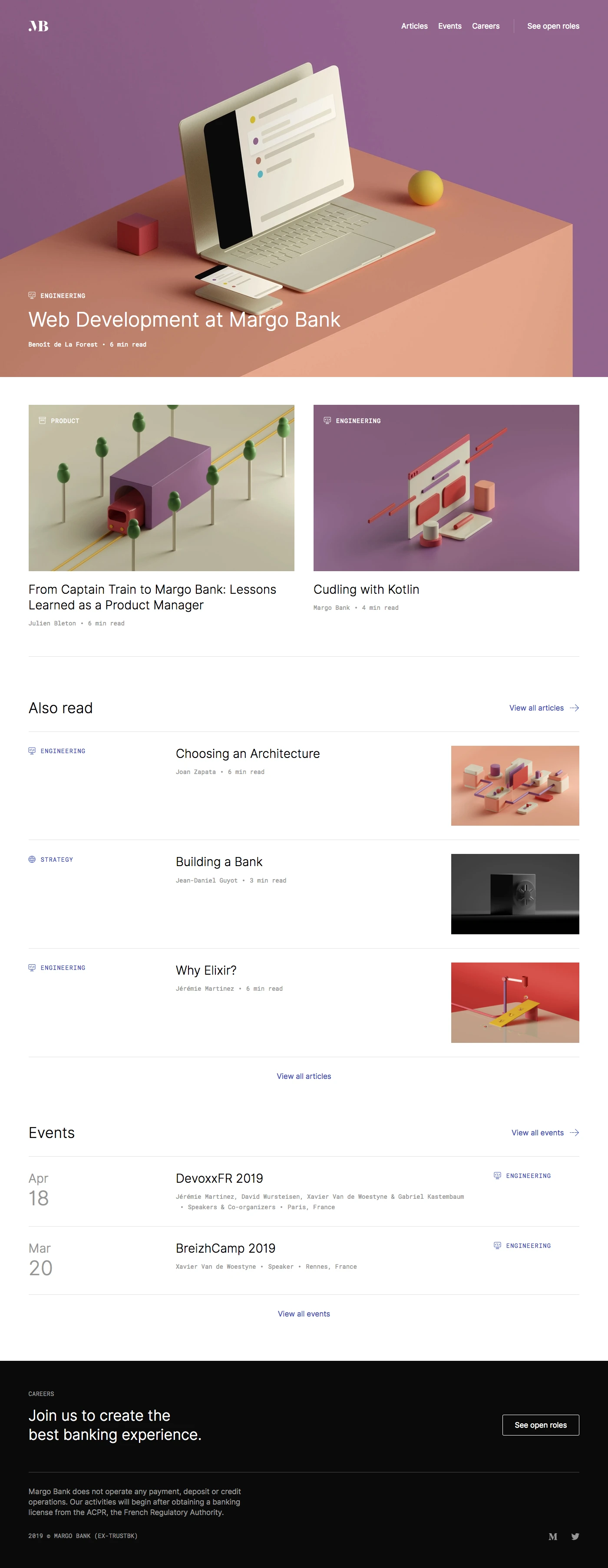 Work at Margo Bank Landing Page Example: We are looking for bold and talented people to help us to revolutionize traditional banking. Learn more about our open positions and how we work together.