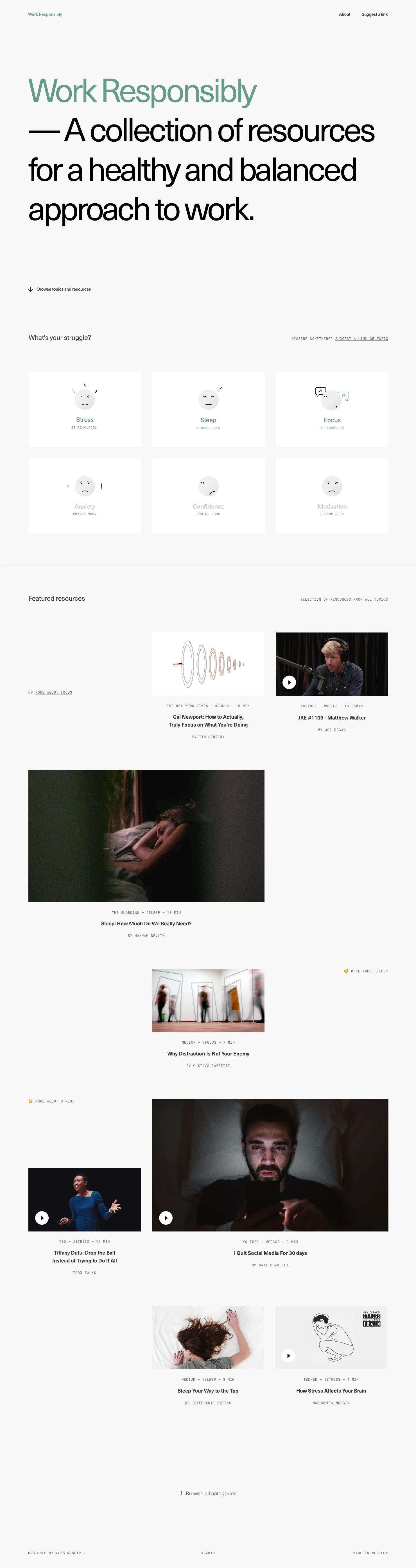 Work Responsibly Landing Page Example: A collection of resources for a healthy and balanced approach to work