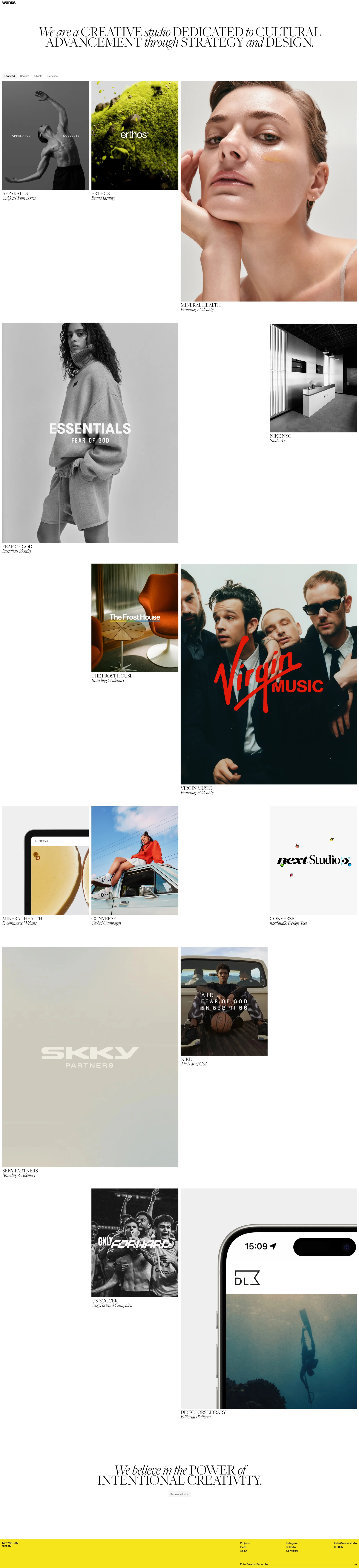 WØRKS Landing Page Example: WØRKS is a collective of creative professionals dedicated to cultural advancement through strategy and design.