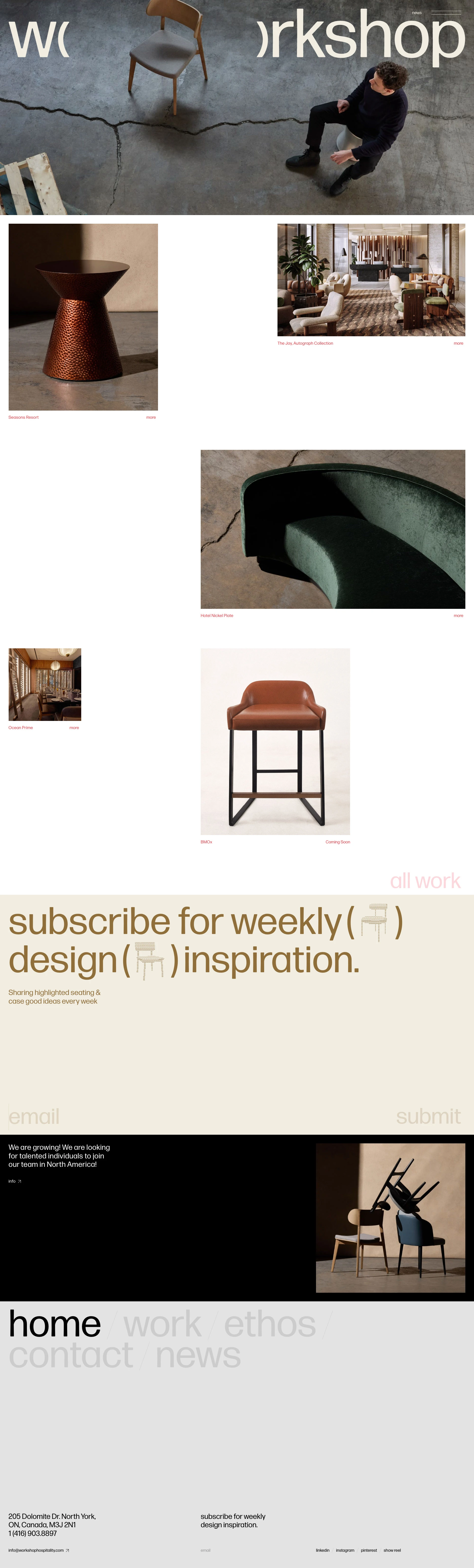 Workshop Landing Page Example: Workshop shapes memorable spaces by creating custom seating and case goods for the hospitality industry. Guided by passion, we are committed to delivering a seamless production process beyond the impossible—towards the possible.