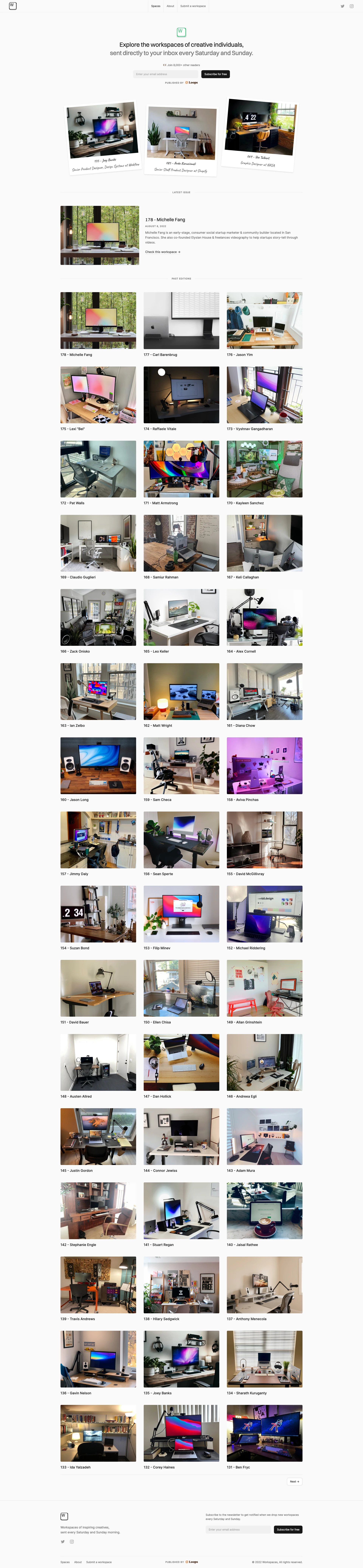 Workspaces Landing Page Example: Explore the workspaces of creative individuals, sent directly to your inbox every Saturday and Sunday.