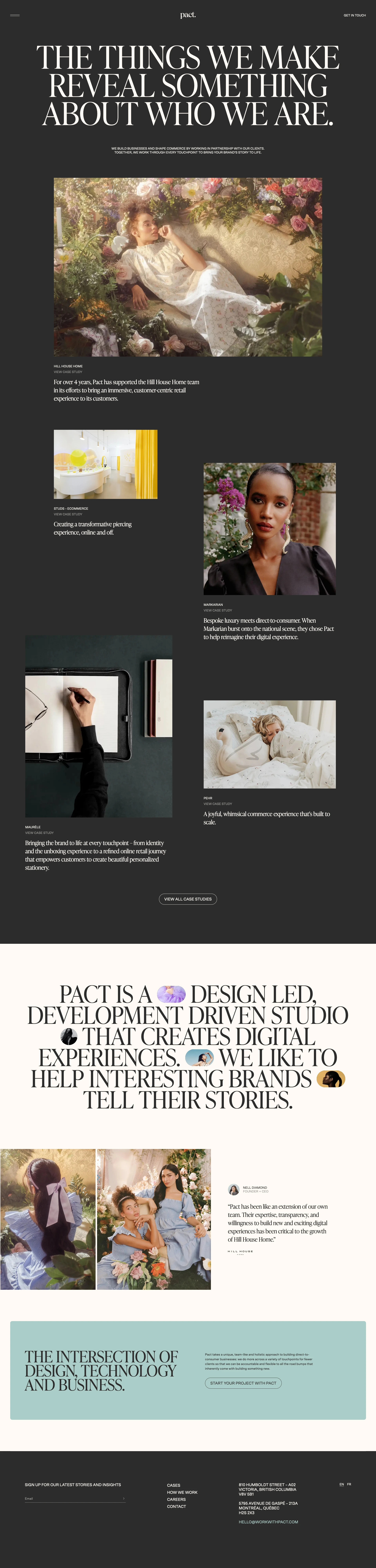 Pact Studio Landing Page Example: We deliver design, branding, and impeccable end-to-end Shopify+ development so that every DTC website we touch is customer-focused, UX-friendly, and optimized for high-conversion.