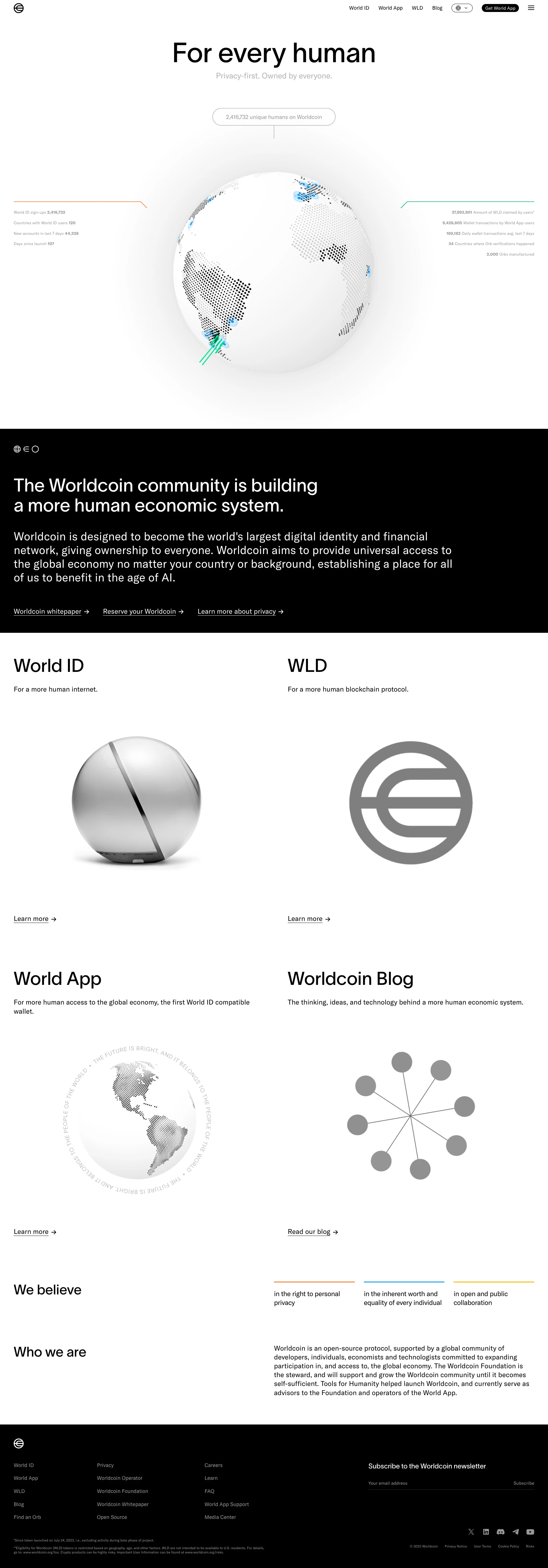 Worldcoin Landing Page Example: Building the world's largest identity and financial public utility, giving ownership to everyone.