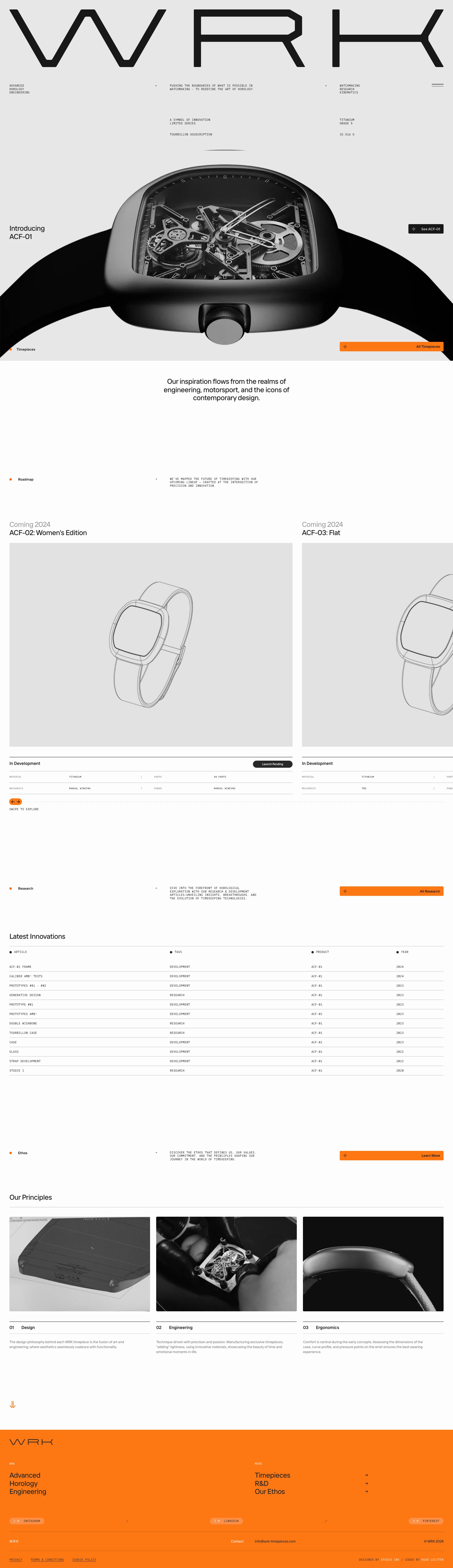 WRK Landing Page Example: Innovation, precision engineering and timeless design, manufactured with passion in Switzerland. Explore our collection of timepieces inspired by motorsport, engineering excellence, and minimalist aesthetics.