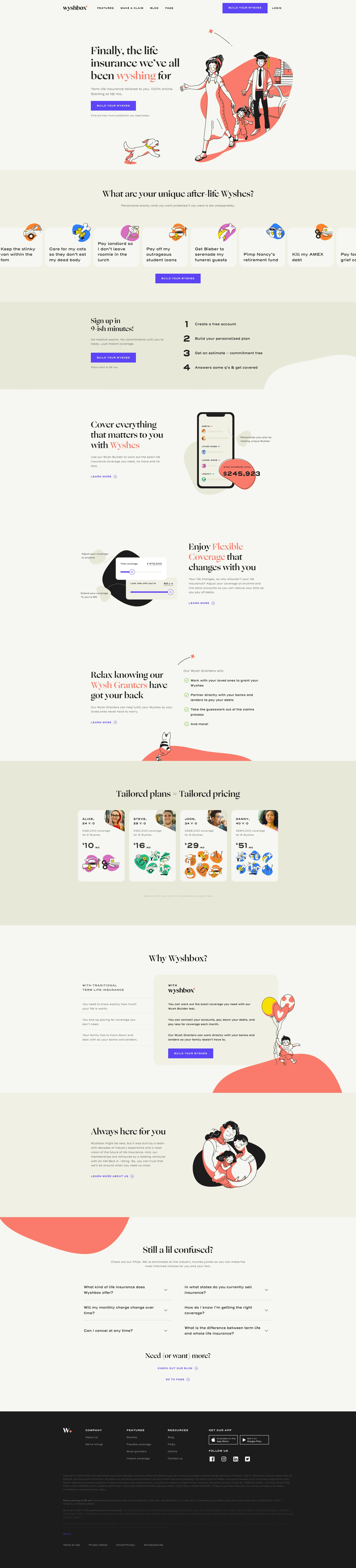 Wyshbox Landing Page Example: Wyshbox term life insurance tailored to you because you choose what's in it. With flexible coverage, 100% online process, instant coverage, and over-the-top customer support, we make Wyshes come true.