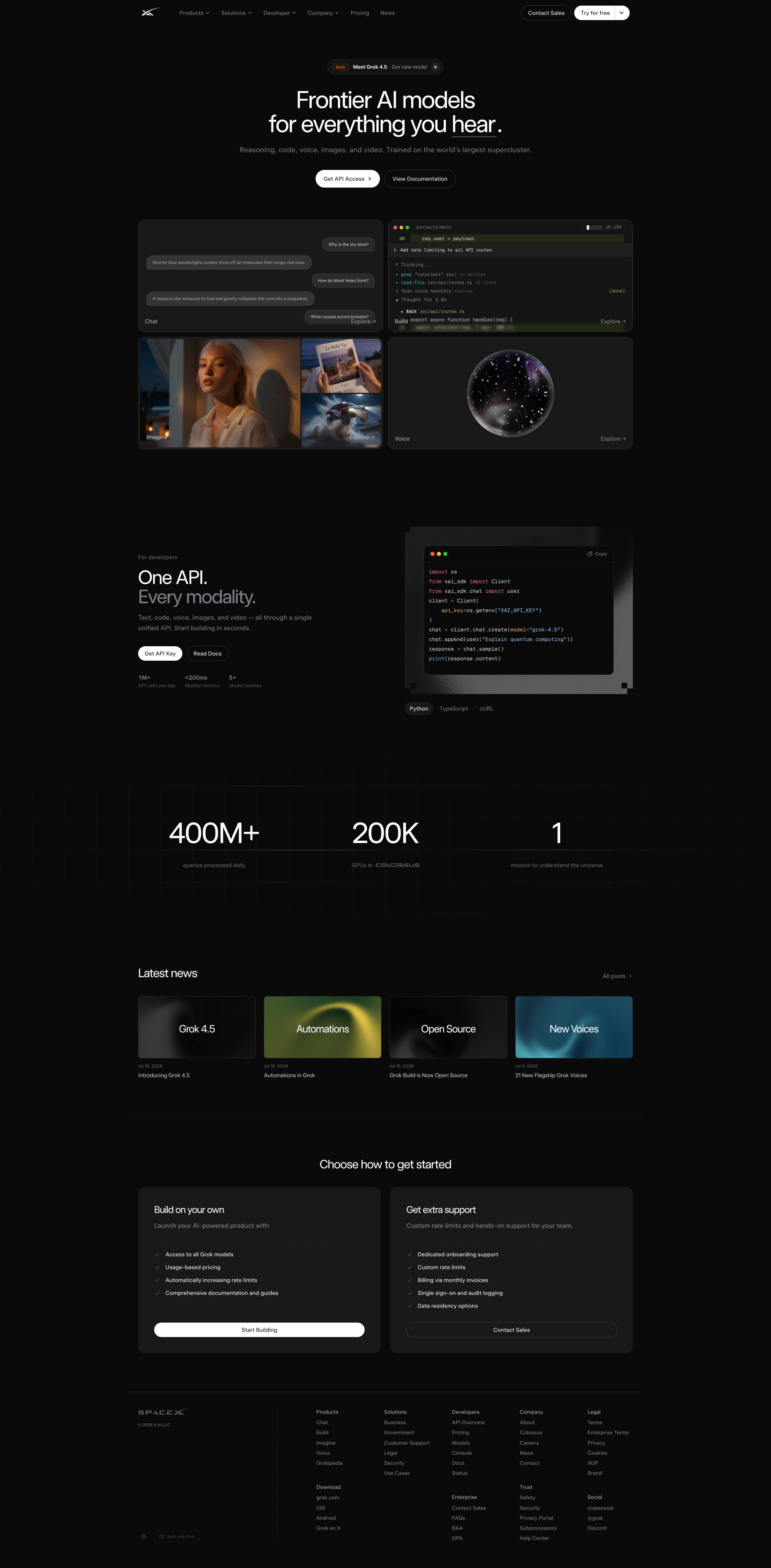 SpaceXAI Landing Page Example: SpaceXAI builds Grok — frontier AI models for reasoning, voice, image generation, and more. Build with the Grok API.