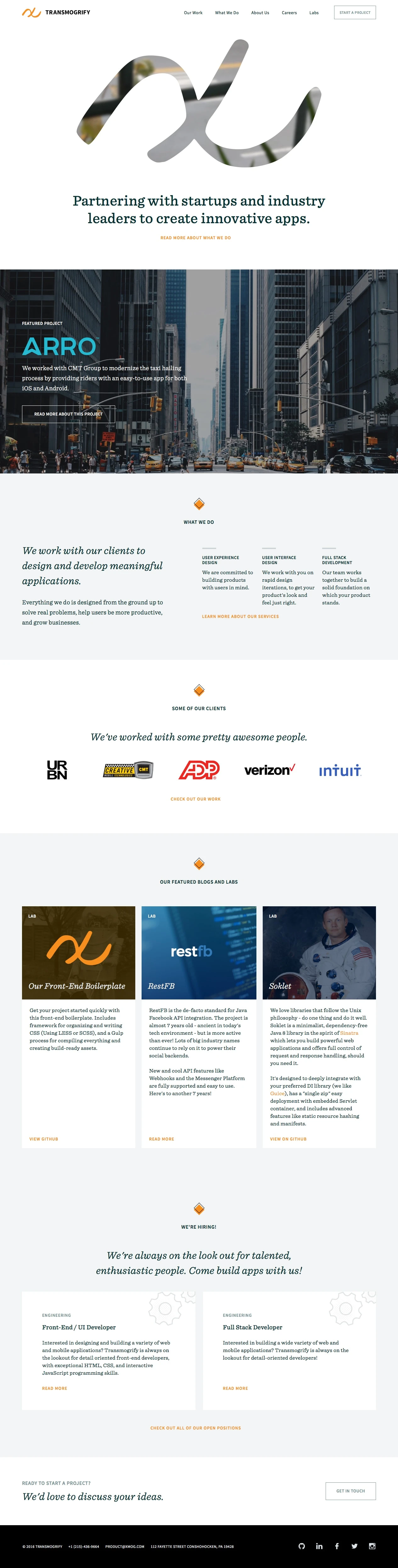 Transmogrify Landing Page Example: Transmogrify partners with startups and industry leaders to create innovative apps.