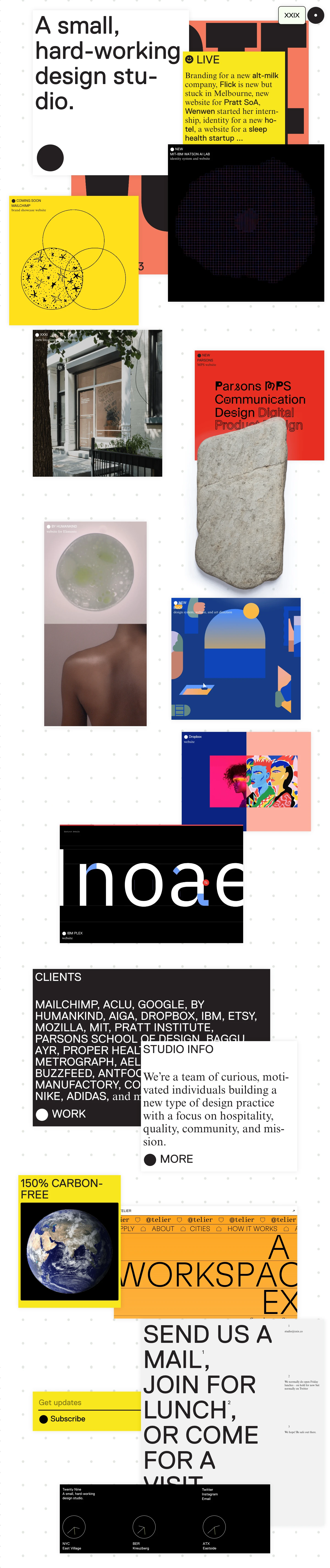 XXIX Landing Page Example: Twenty Nine is a design and technology studio building brands, products, and experiences based mostly in New York City and Berlin.