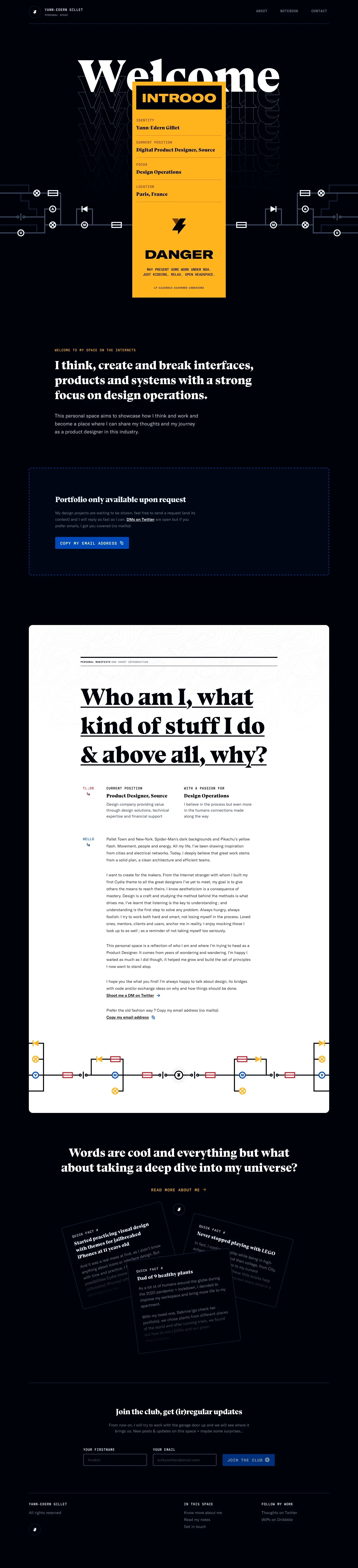 Yann-Edern Gillet Landing Page Example: Personal space of Yann-Edern Gillet, a designer thinking, creating and breaking interfaces, products and systems with a focus on design operations.
