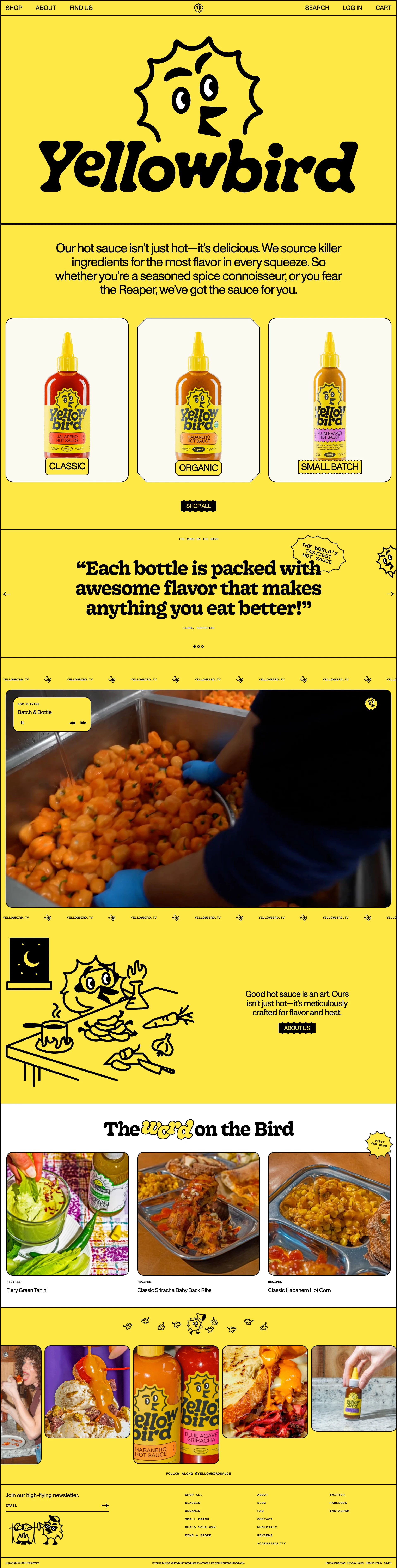 Yellowbird Landing Page Example: The world's best-tasting hot sauce. Made with farm-fresh, no bullish!t ingredients, so you can drizzle as often and adventurously as you like 🔥.