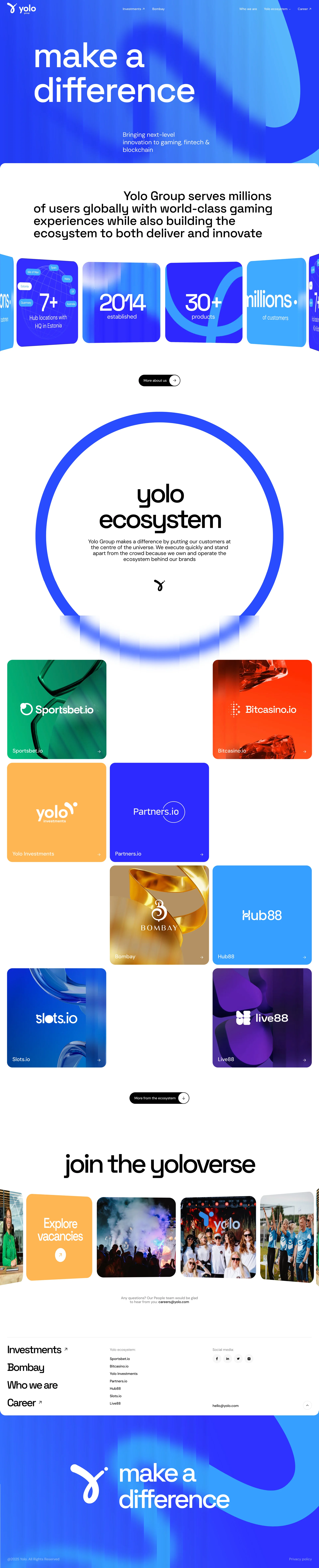 Yolo Landing Page Example: Bringing next-level innovation to gaming, fintech & blockchain. Yolo Group serves millions of users globally with world-class gaming experiences while also building the ecosystem to both deliver and innovate.