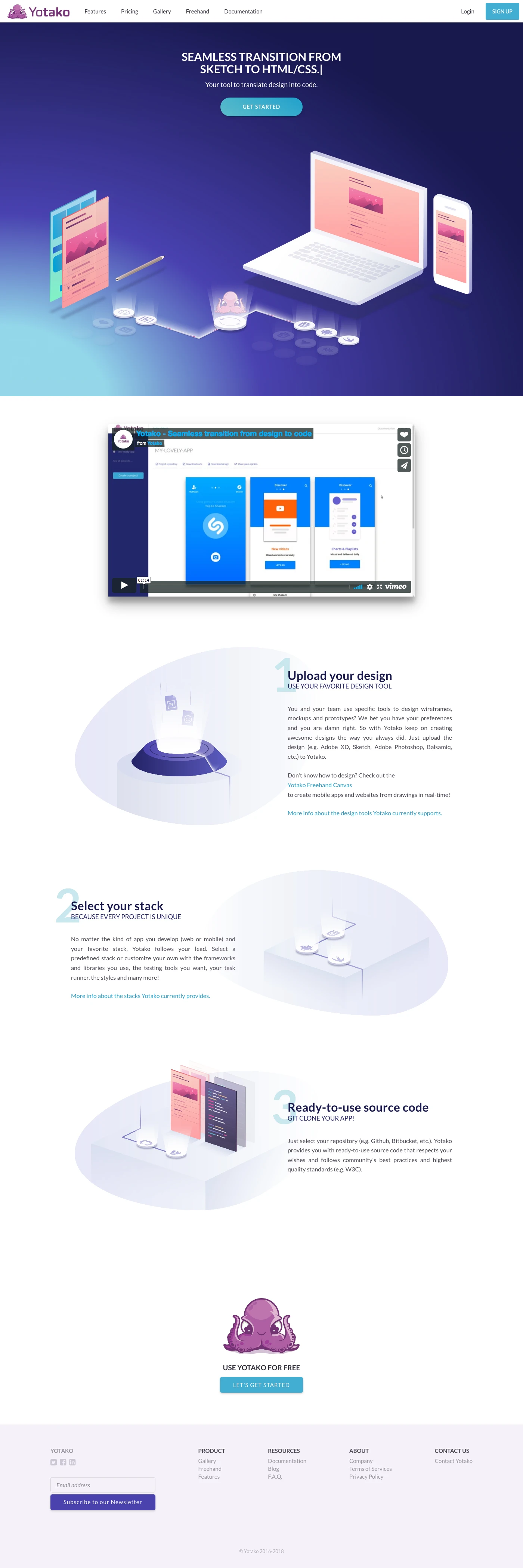 Yotako Landing Page Example: Translate your design (PSD, Balsamiq, etc.) into tailor made source code with your favorite libraries and frameworks, no matter the kind of app you develop.