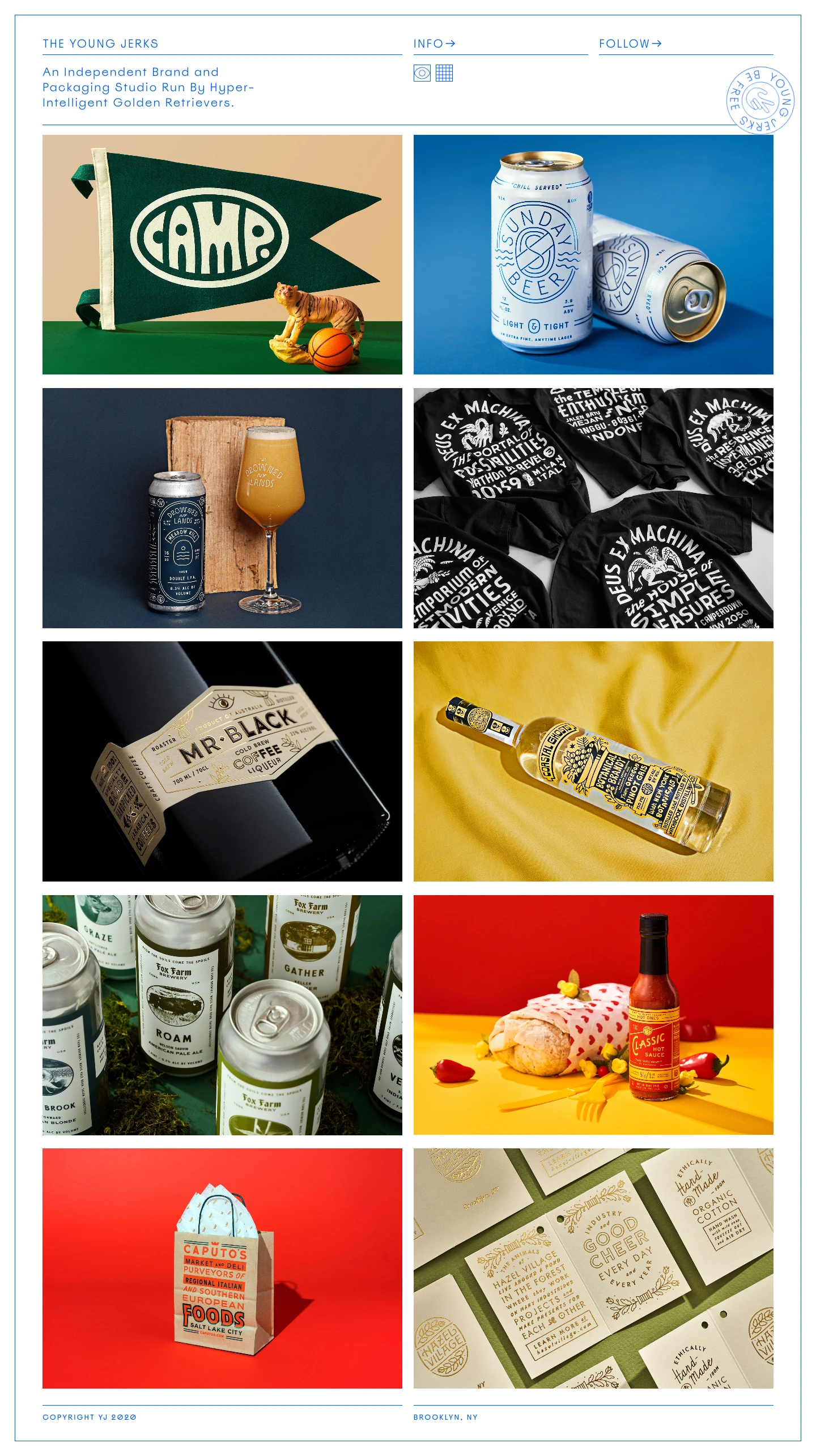 The Young Jerks Landing Page Example: The Young Jerks An Independent Brand and Packaging Studio Run By Hyper-Intelligent Golden Retrievers.