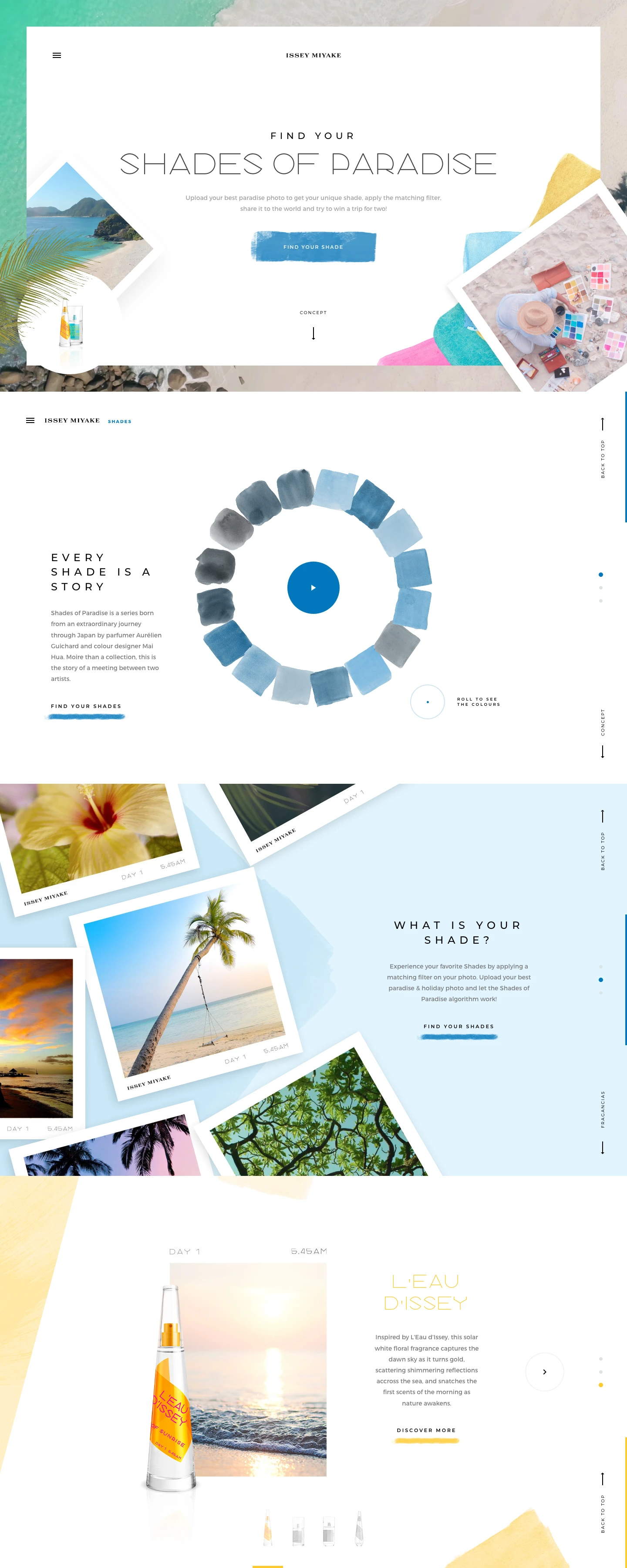 Shades of paradise Landing Page Example: Upload your best paradise photo to get your unique shade, apply the matching filter, share it to the world and try to win a trip for two! Shades of Paradise is a series born from an extraordinary journey through Japan by parfumer Aurélien Guichard and colour designer Mai Hua. Moire than a collection, this is the story of a meeting between two artists.