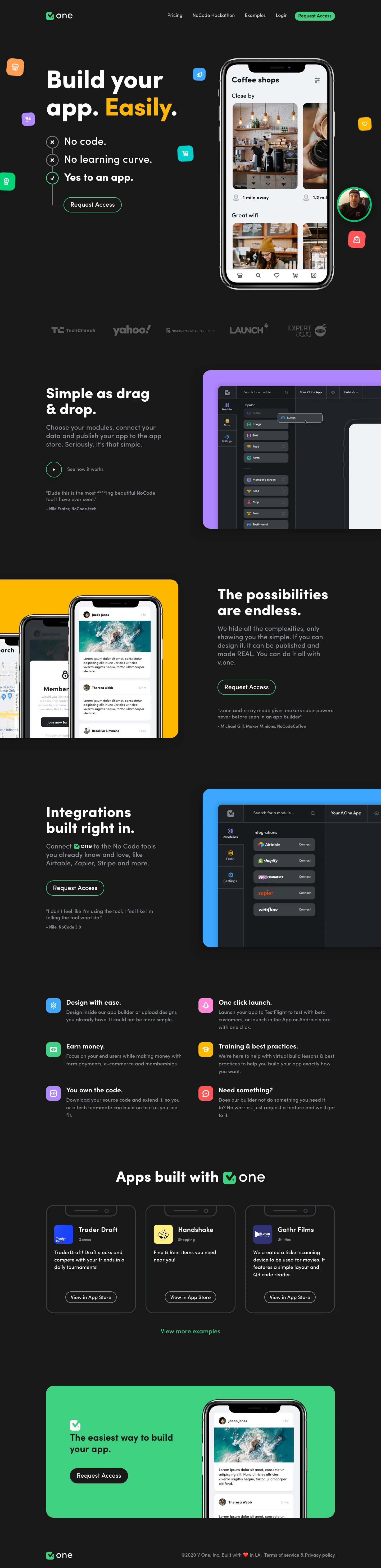 V.One Landing Page Example: No code. No learning curve. The easiest way to build an app with no code. Build your first screen for free.