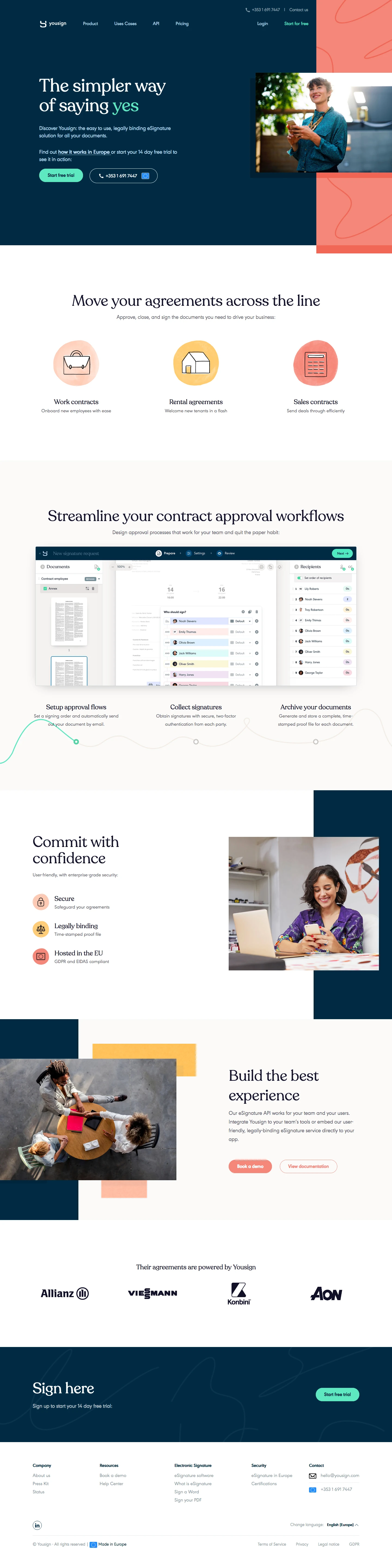 Yousign Landing Page Example: The simpler way of saying yes. The easy to use, legally-binding eSignature solution for all your documents