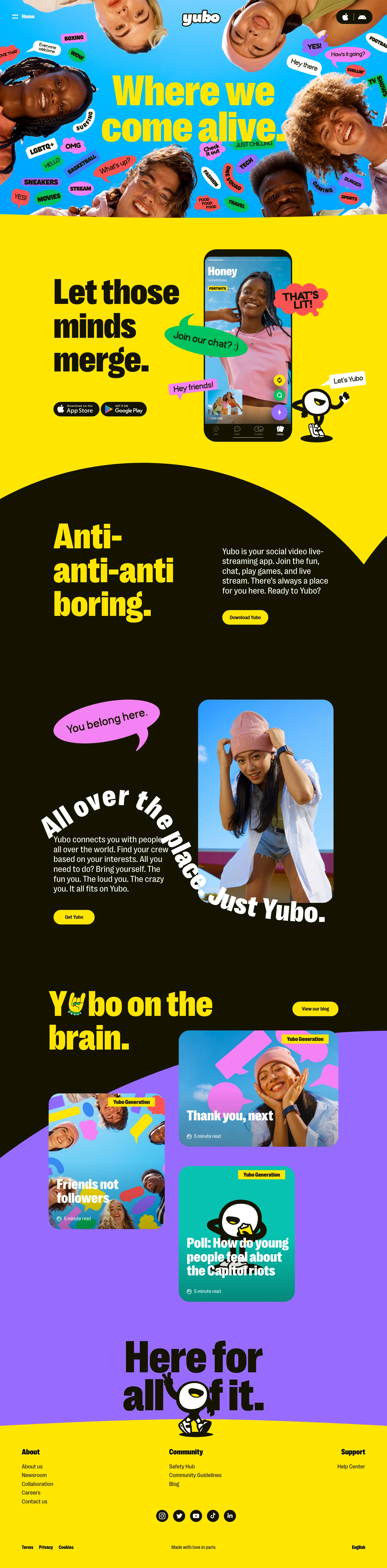 Yubo Landing Page Example: Yubo is your social video live-streaming app. Join the fun, chat, play games, and live stream. There’s always a place for you here. Ready to Yubo?