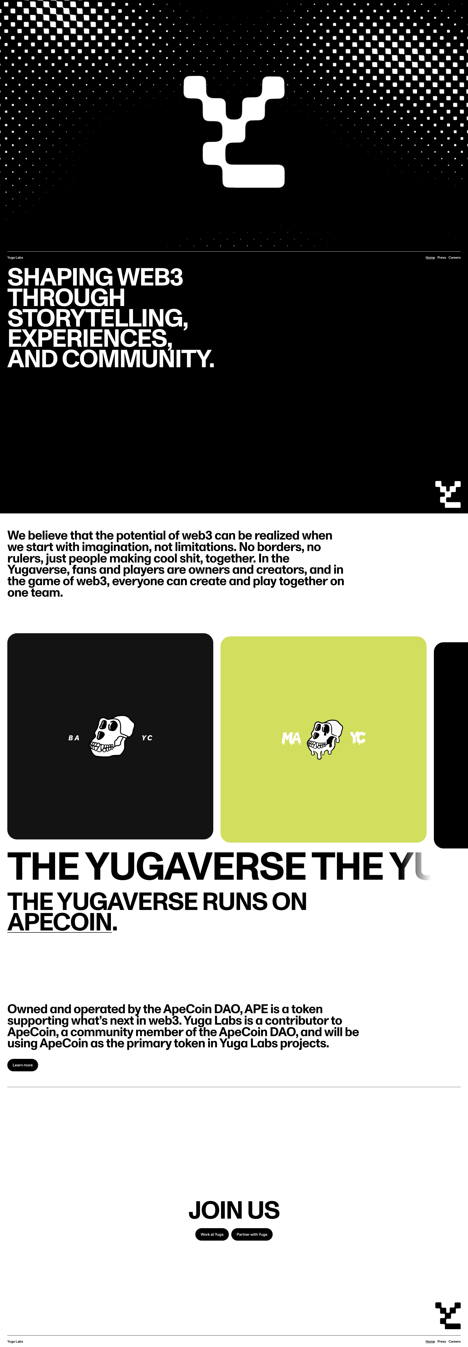 Yuga Landing Page Example: Welcome to Yuga Labs, Home of BAYC, MAYC, Otherside, Cryptopunks, and Meebits.