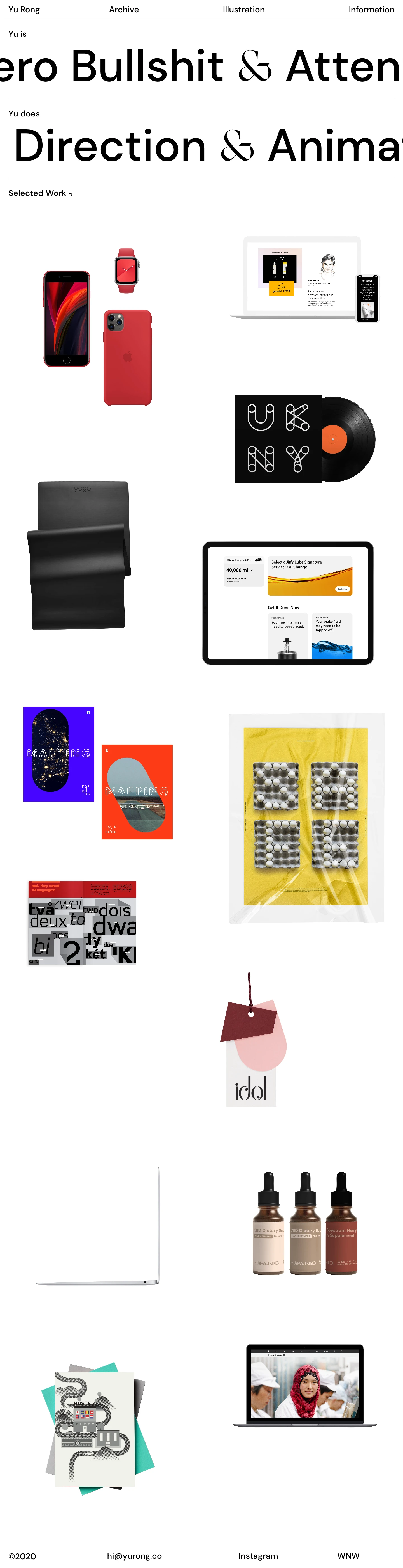 Yu Rong Landing Page Example: Yu Rong is a multidisciplinary designer specializing in branding and interaction design. Her current role is Senior Designer at AKQA in San Francisco, where she creates digital design systems and purpose-driven experiences and elevates brands.