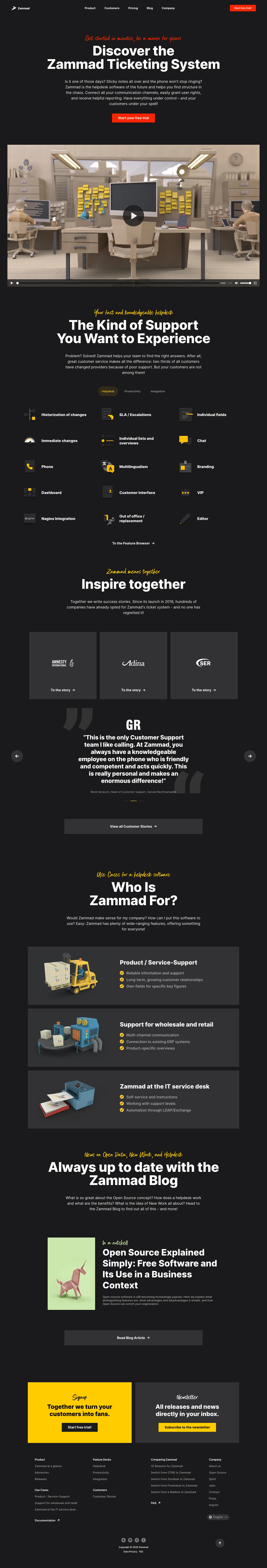 Zammad Landing Page Example: Is it one of those days? Sticky notes all over and the phone won’t stop ringing? Zammad is the helpdesk software of the future and helps you find structure in the chaos. Connect all your communication channels, easily grant user rights, and receive helpful reporting. Have everything under control – and your customers under your spell!