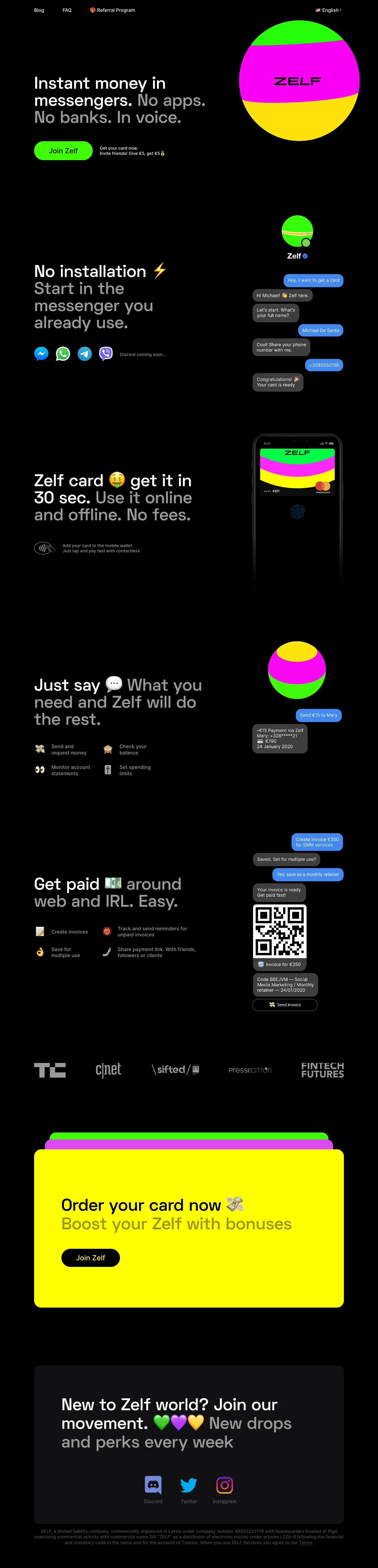 Zelf Landing Page Example: Instant money in messengers. No apps. No banks. In voice.