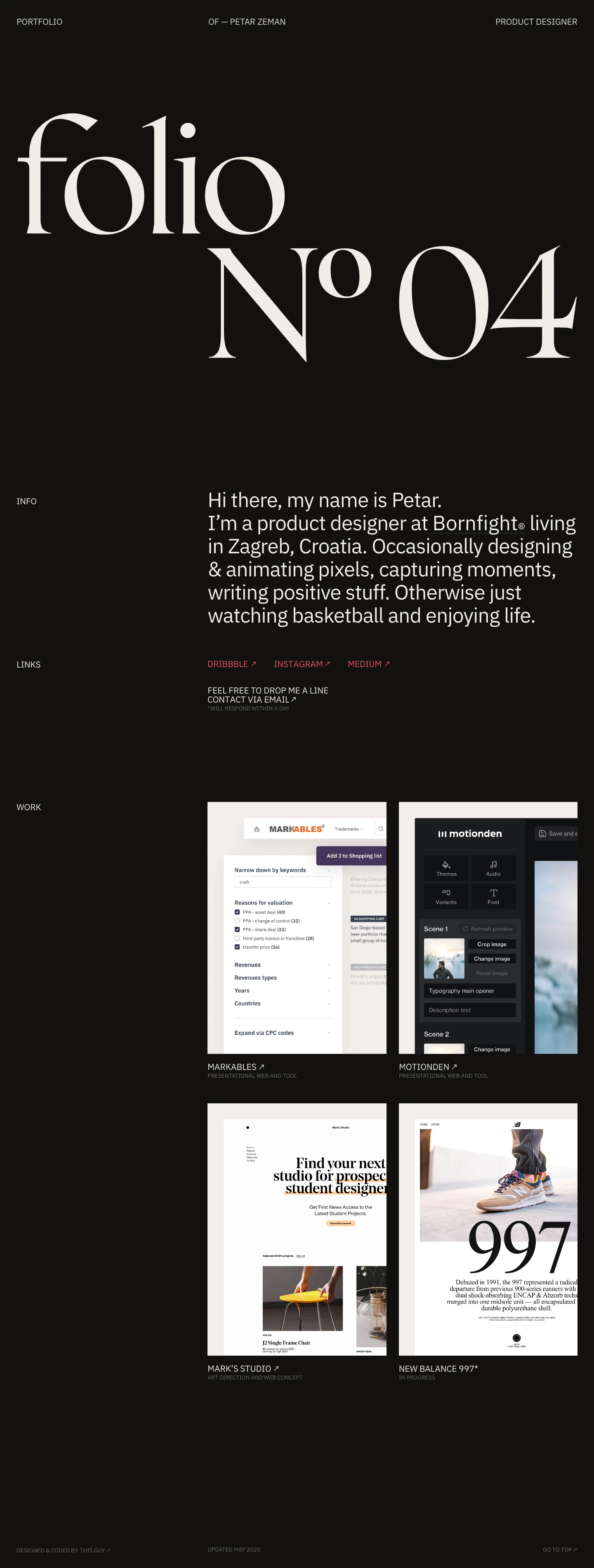 Petar Zeman Landing Page Example: Petar Zeman is a digital designer living in Zagreb, Croatia. Occasionally designing & animating pixels, capturing moments, writing positive stuff. Otherwise just watching basketball and enjoying life.